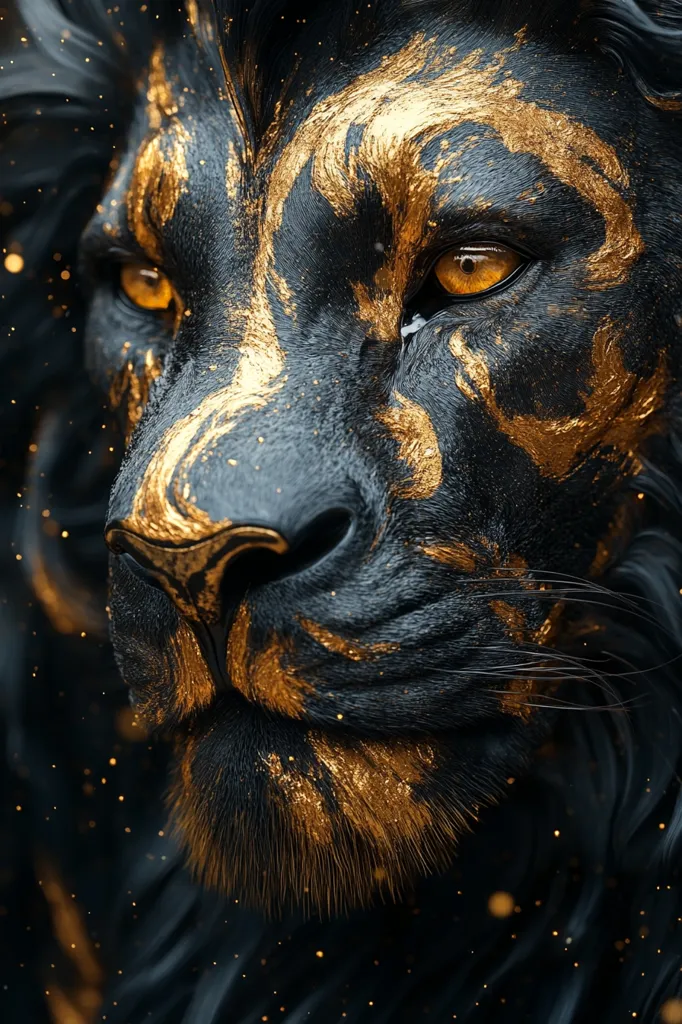 A close-up of a lion's face. The lion has a black coat with gold markings. The lion's eyes are bright and alert, and its nose is wet and pink. The image is taken from a low angle, giving the viewer a sense of being face-to-face with the lion. Gold particles float in the air around the lion. The image is dark and moody, creating a sense of mystery and power.