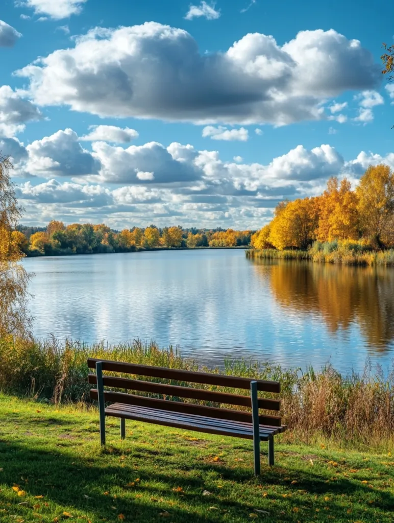 A wooden bench sits alone on a grassy bank overlooking a calm, blue lake.  The lake is surrounded by a vibrant mix of autumn foliage, creating a picturesque scene. Lush greenery frames the scene, and a bright blue sky dotted with fluffy white clouds completes the idyllic image. The sun is shining, casting long shadows on the ground.