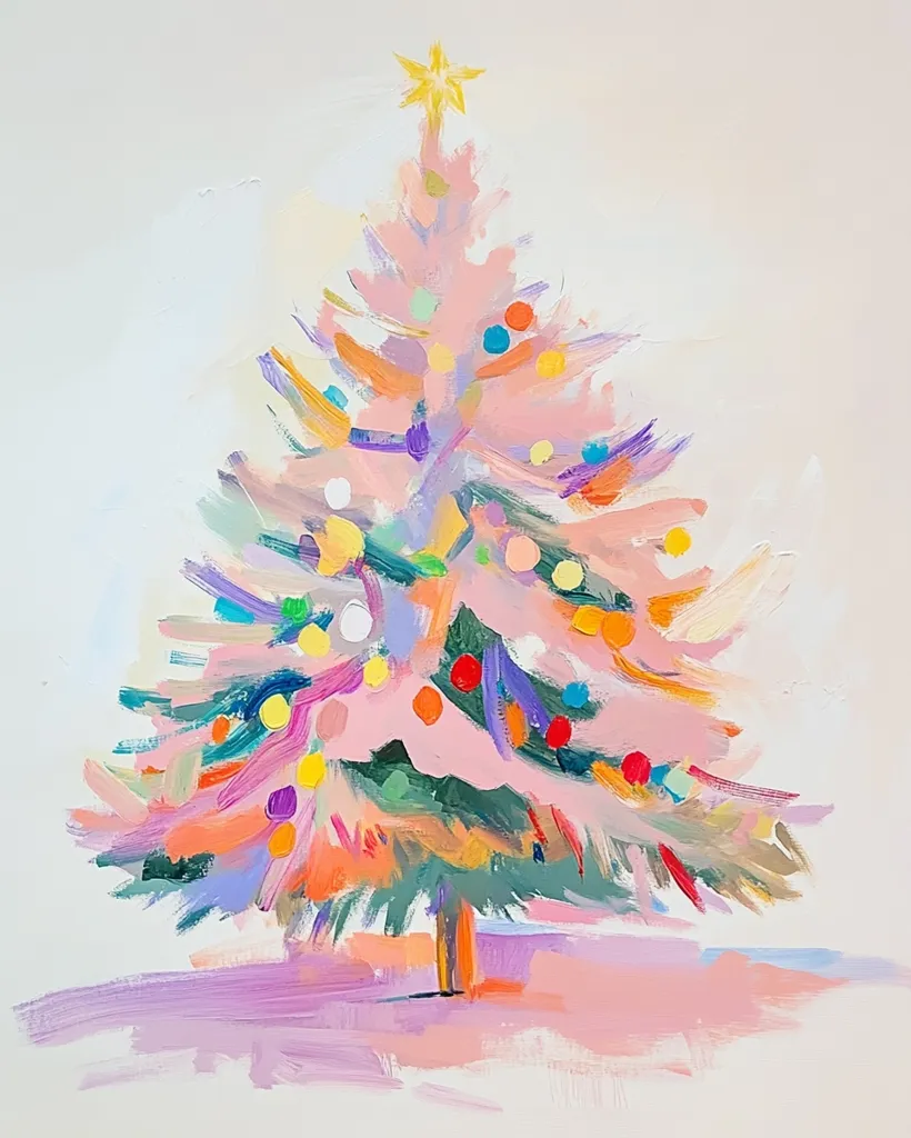 A pink Christmas tree stands tall against a white background. It is adorned with a yellow star and a variety of colorful ornaments in shades of pink, purple, red, yellow, green, blue, and orange. The tree's branches are painted with broad strokes, creating a sense of whimsy and energy. The artist has captured the joy and spirit of the holiday season in this cheerful and abstract painting.