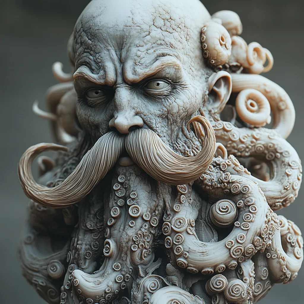 A detailed, close-up image of a sculpted bust of a humanoid figure with a monstrous, tentacled beard. The figure has a furrowed brow, a prominent nose, and a thick, bushy mustache. The tentacles are intricately detailed, with numerous suction cups and a textured surface. The sculpture is rendered in a pale, grayish-white color, giving it a ghostly and ethereal appearance.