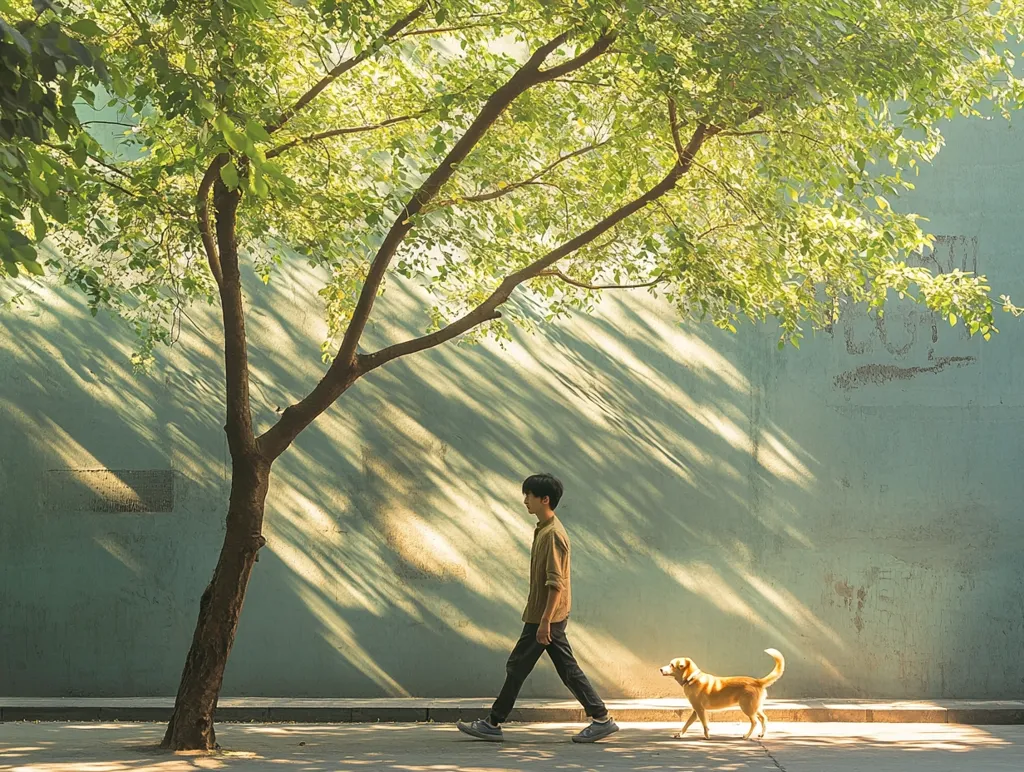 A young man walks with his dog down a sidewalk.  A large tree provides shade, and dappled sunlight creates patterns on a green wall behind them.  The man is dressed casually in a long-sleeved shirt and jeans. The dog is a small, light-colored breed with a wagging tail. The scene is peaceful and tranquil.
