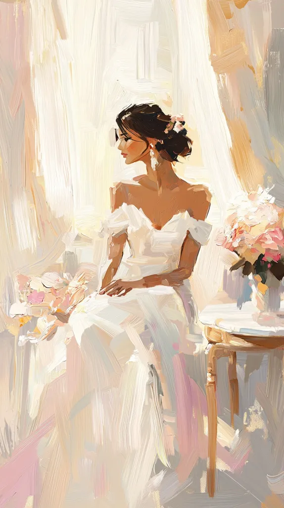A woman in a white dress sits by a window, bathed in soft, golden light.  She has long dark hair and wears delicate earrings.  A bouquet of pink flowers rests on a small table beside her.  The painting is done in a loose, impressionistic style, with broad brushstrokes and a dreamy atmosphere.  The overall effect is one of elegance and quiet contemplation.