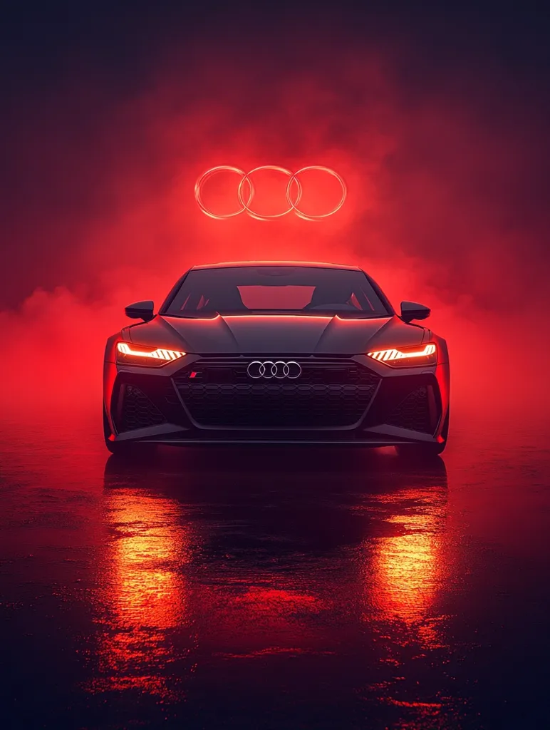A black Audi car is parked in a dark, red-lit environment. The iconic Audi rings are glowing above the car, adding to the dramatic and futuristic feel. The car's headlights and grille are illuminated, reflecting off the wet pavement. The overall image creates a sense of mystery and sleekness, highlighting the car's design and power.