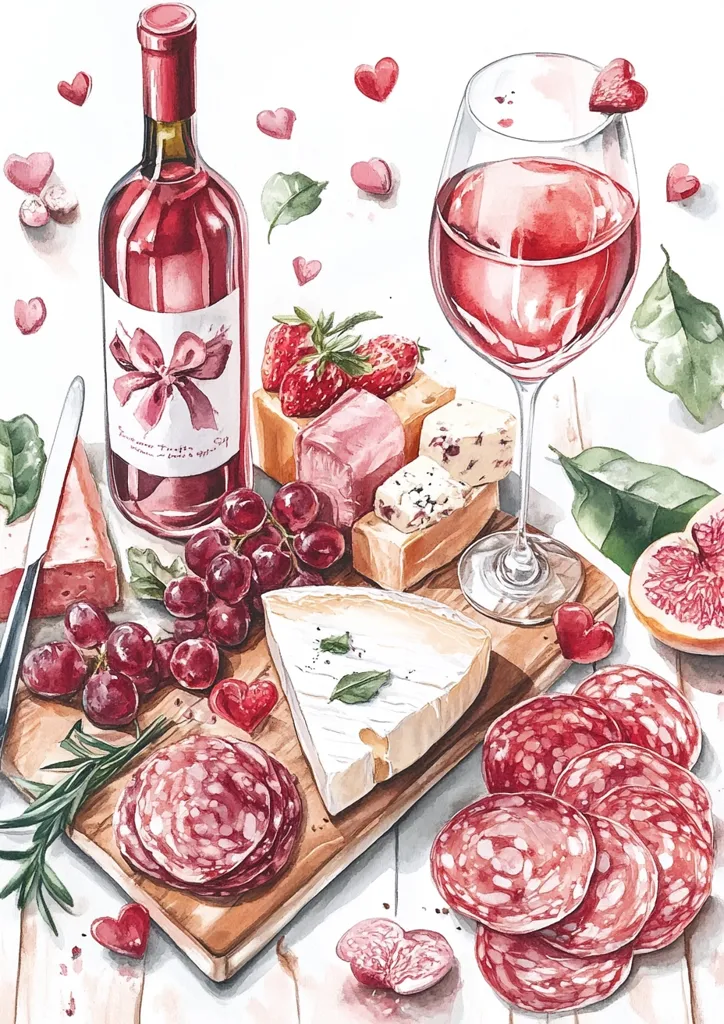 A watercolor painting of a romantic picnic scene with a bottle of rosé wine, a glass of rosé, a wooden board with a selection of cheeses, grapes, salami and strawberries, all surrounded by small pink hearts. The scene is painted in a whimsical style, with the colors and textures of the food and drink rendered with detail and vibrancy.