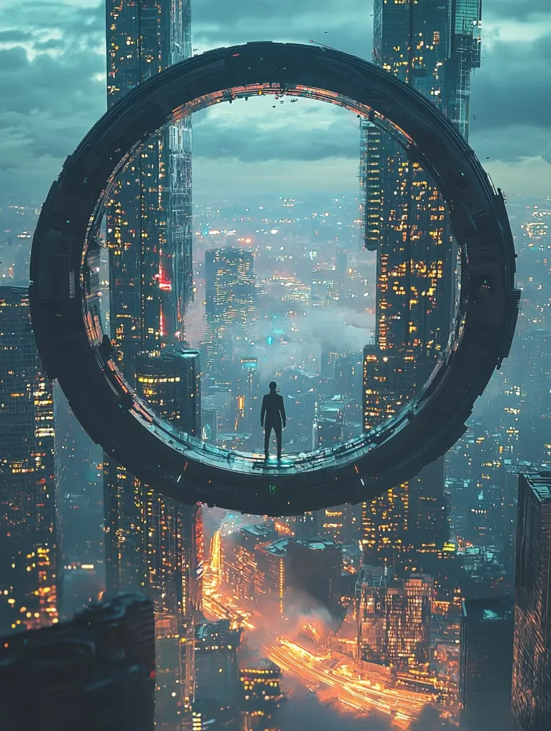 A lone figure stands on a futuristic ring-shaped structure hovering over a city bathed in the glow of neon lights. The city stretches out in the distance, dotted with tall buildings and winding roads. The structure is a futuristic marvel, creating a sense of awe and wonder. The scene is a captivating blend of urban landscapes and futuristic technology, painting a picture of a world transformed by advanced technology.