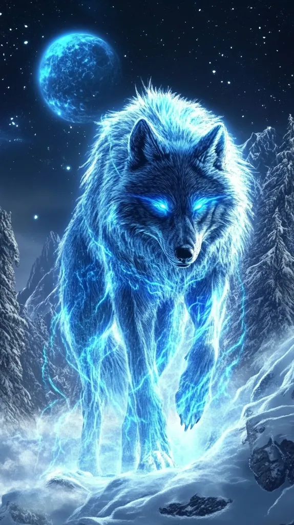 The image depicts a majestic wolf, its fur illuminated by an ethereal blue light. The wolf's eyes glow intensely, and its body is covered in intricate lightning patterns, adding a sense of power and energy. In the background, a large, blue moon hangs in a star-filled sky. The wolf stands amidst a snowy landscape, its presence commanding attention. The image conveys a sense of strength, mystique, and the power of nature.