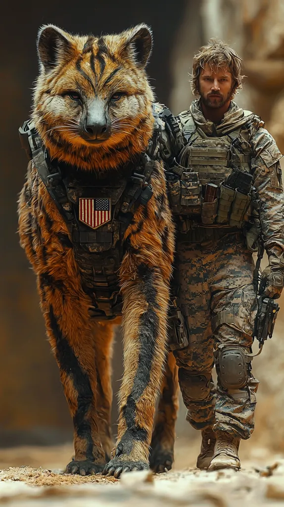 A large, furry, tiger-like creature with a black and orange striped coat wears a tactical vest adorned with an American flag. It is walking alongside a soldier in full camouflage gear, who is holding a rifle. The scene is set in a desert environment, perhaps during a mission. The image portrays a sense of strength and partnership between human and animal.