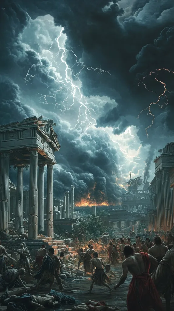 The image depicts a chaotic scene of a city under attack. A powerful lightning strike illuminates the dark, stormy sky above a crumbling Roman city. Flames erupt from the buildings in the distance, as terrified citizens flee the destruction.  The scene is filled with a sense of urgency and despair, as the city faces imminent destruction.