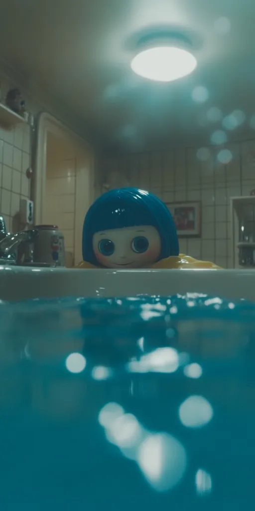 A blue-haired doll with large eyes is submerged in a bathtub. The water is a deep teal color, and the reflection of light from the ceiling fixture creates a pattern of bright circles on the surface.  The doll's yellow raincoat is partially visible on the surface of the water. The image has a surreal and unsettling atmosphere.