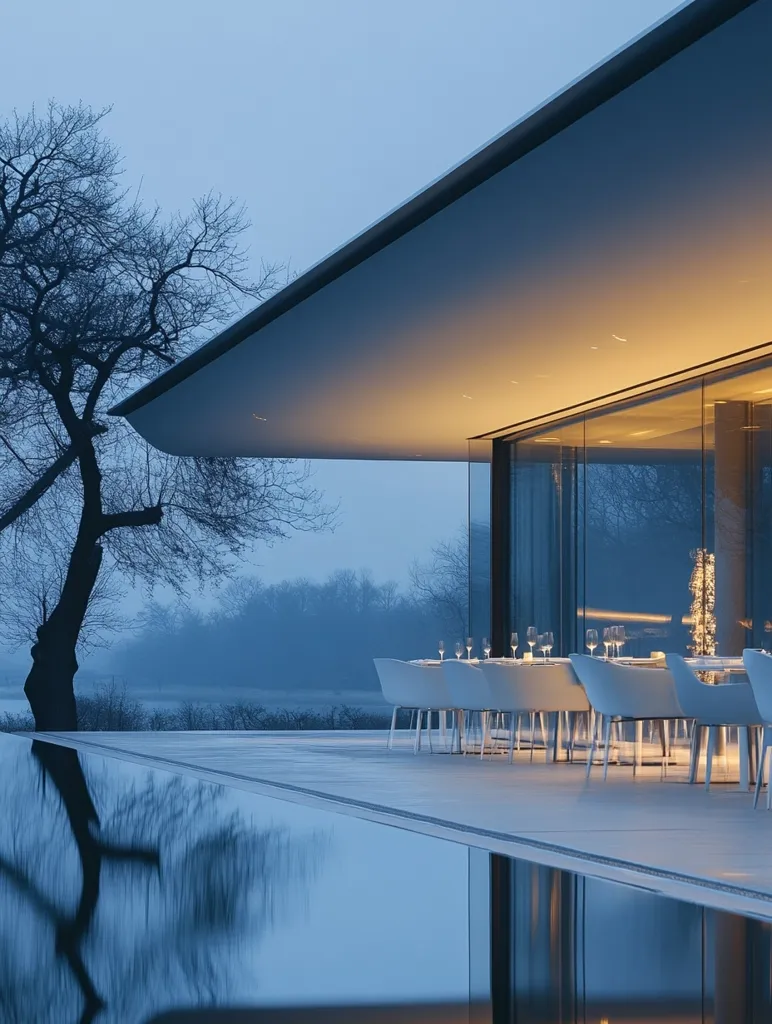 The image shows a modern, minimalist house with a large, expansive patio overlooking a serene landscape. The house has floor-to-ceiling windows, allowing for natural light to flood the interior. The patio features a long, rectangular pool with white chairs and tables arranged around it. The background consists of a hazy, distant forest, creating a sense of peace and tranquility. The overall atmosphere is one of calm sophistication and elegant simplicity.