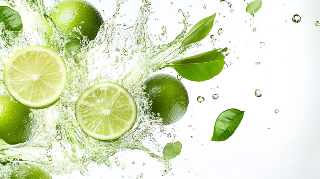 The image shows limes and lime leaves splashing in water. The limes are halved, and the water droplets are sparkling. The background is white, highlighting the vibrant green of the limes and leaves. The image evokes freshness, energy, and the beauty of nature.