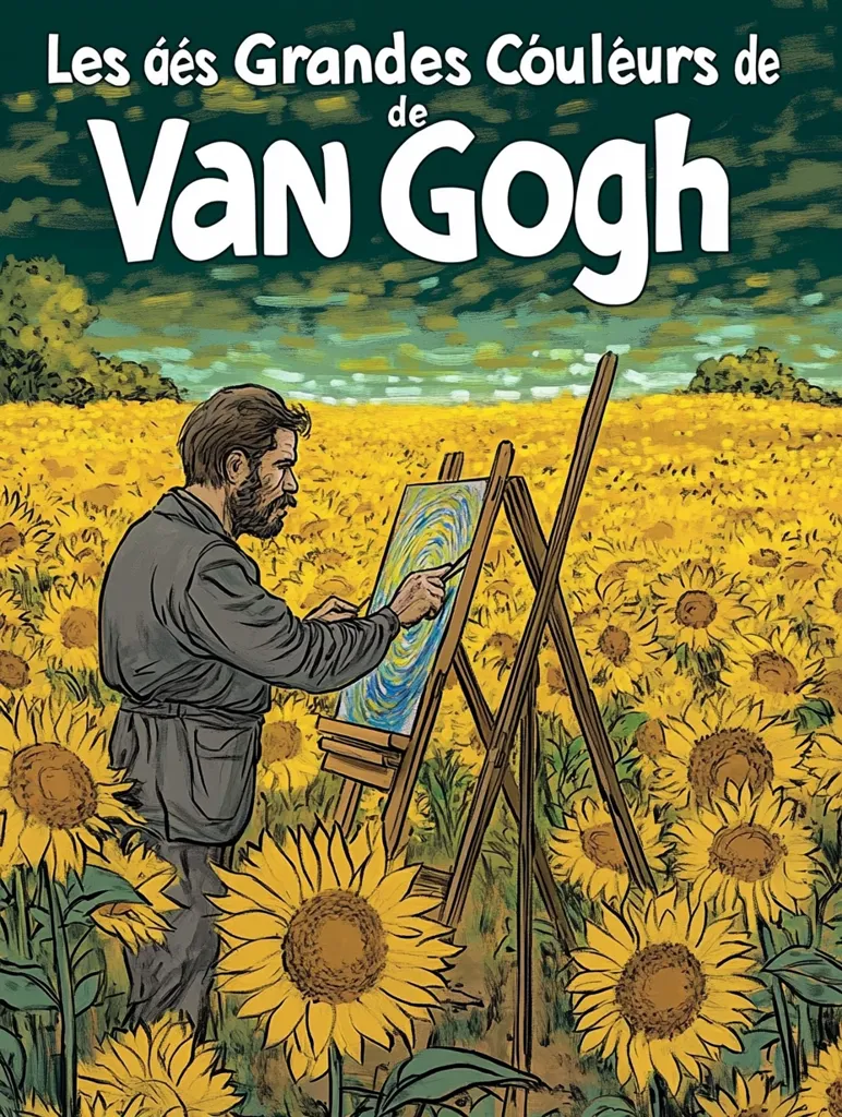 The image depicts a stylized version of Vincent Van Gogh painting a field of sunflowers. He is wearing a dark coat and hat, and stands behind a wooden easel with a canvas depicting a swirling, colorful sky. The background is a field of yellow sunflowers and green foliage. The title "Les âtes Grandes Couleurs de Van Gogh" is written in bold, white lettering at the top of the image. The image is a celebration of Van Gogh's artistic style and his love of nature.