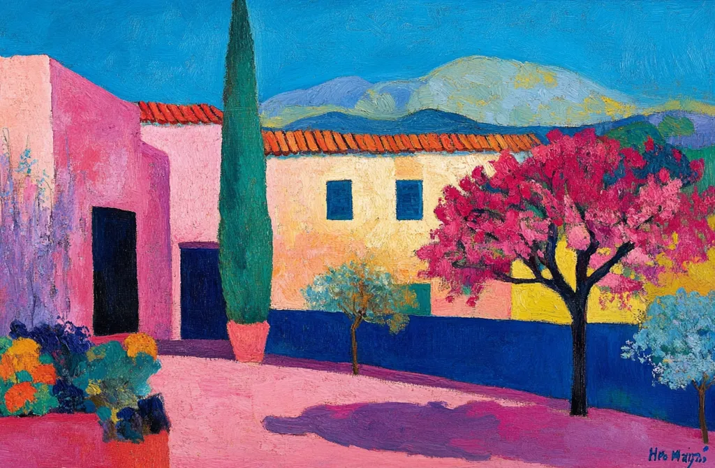 The painting depicts a colorful landscape with a pink house in the foreground. A tall, green tree stands to the left, while a vibrant pink tree with a dark trunk stands in the center. The background features a yellow house with a blue roof,  a row of hills, and a blue sky. The artist uses bold colors and thick brushstrokes to create a sense of depth and movement. The overall impression is one of bright, sunny, and joyful vibrancy.