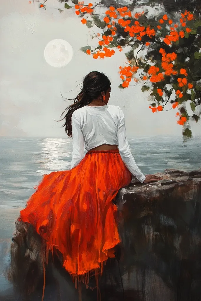 A woman in a white top and a flowing red skirt sits on a rocky ledge, gazing out at the sea. The sun is setting, casting a warm glow on the water, and a full moon hangs high in the sky. A branch of orange blossoms frames the scene, adding a touch of color and whimsy. The woman's posture is relaxed, suggesting a sense of peace and tranquility.