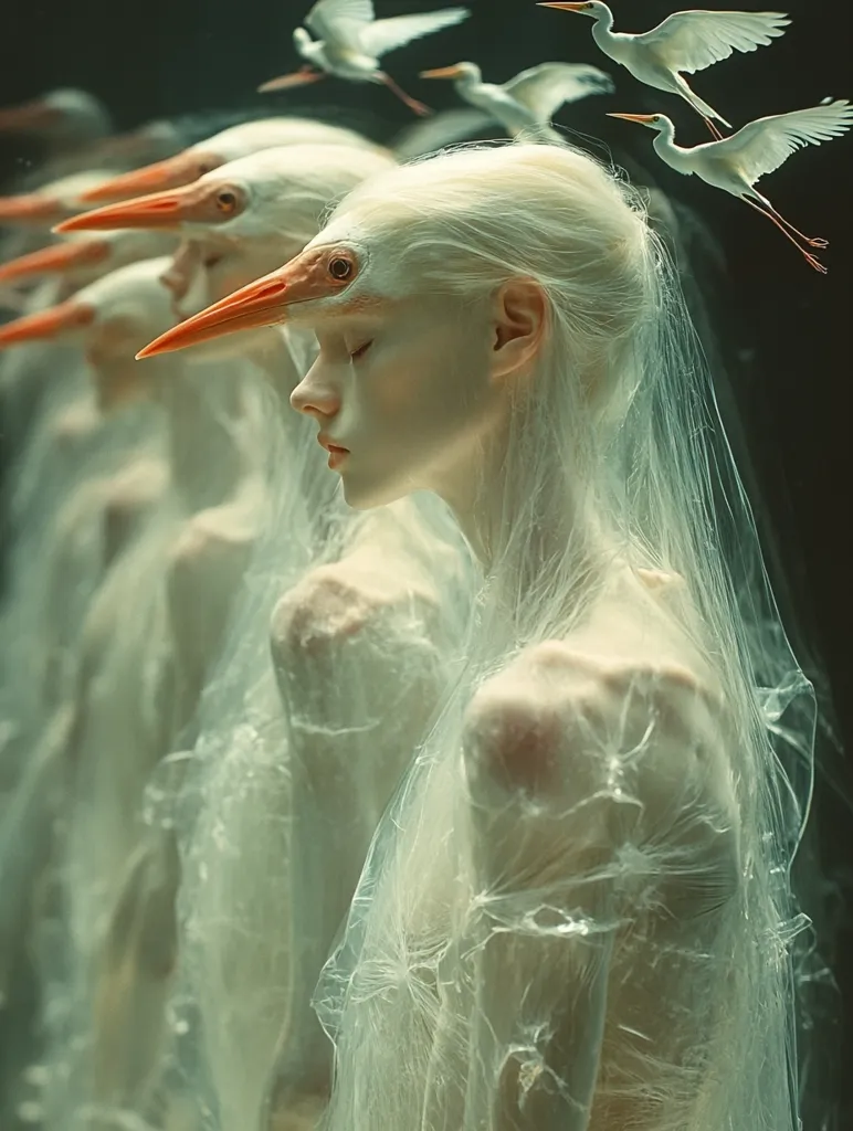 A woman with pale skin and white hair stands with her eyes closed, draped in a delicate, translucent fabric. Her features are sharp and ethereal, blending with the long, slender necks of white birds surrounding her. The birds appear to be intertwined with the fabric, creating a surreal and dreamlike atmosphere.