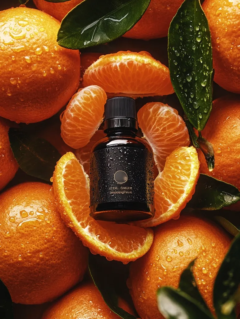 A dark glass bottle with gold lettering sits atop a bed of juicy oranges.  The oranges are cut into segments, revealing their vibrant flesh. Green leaves and droplets of water add to the freshness of the scene. The image suggests a product related to citrus or essential oils.