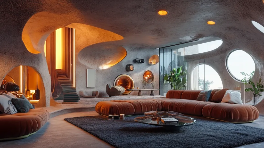 The image shows a modern living room with an unconventional, cave-like design. The walls and ceiling are adorned with a unique combination of smooth curves and sharp edges.  The furniture is a mixture of modern and traditional, with an emphasis on comfort. Large windows provide natural light and offer views of the outside world. The overall impression is one of  luxury and innovation.