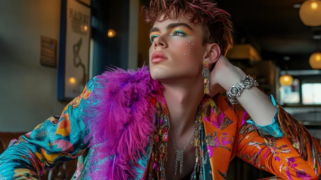A young person with bright makeup and pink feathers around their neck looks up to the left of the image.  They are wearing an orange and teal patterned jacket with a large silver bracelet on their left wrist.  They also wear a long silver necklace and silver earrings.  The background is out of focus and has a warm orange glow.