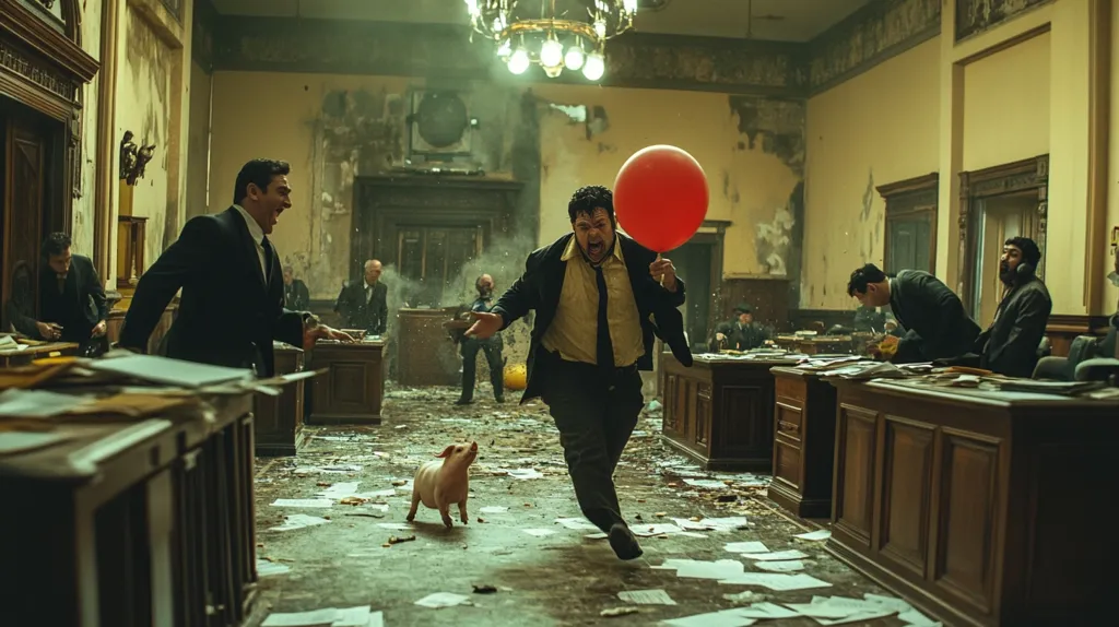A man in a suit runs through a chaotic office, holding a red balloon and yelling. There is a piglet running behind him, and papers are scattered on the floor. The office is in disarray, with desks overturned and chairs scattered. Other people are in the background, some looking on in shock. The scene is filled with a sense of chaos and disorientation.