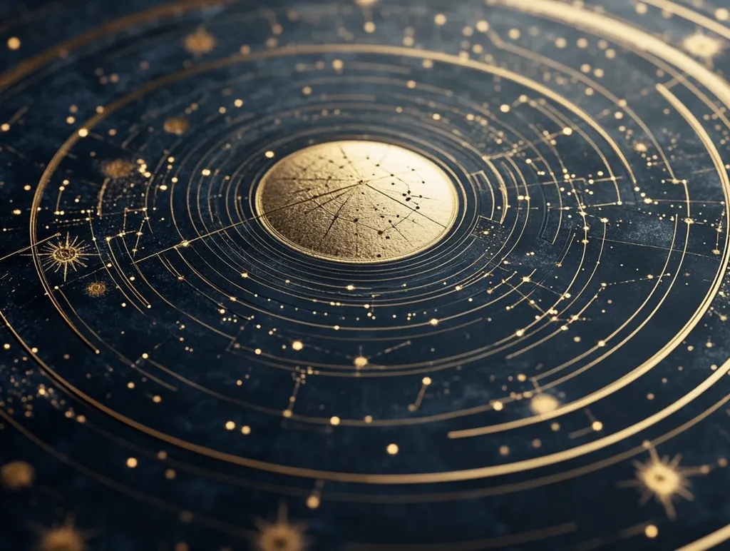 The image depicts a celestial map with a dark blue background and intricate golden lines representing constellations. A golden orb sits at the center, surrounded by radiating lines. The map is adorned with tiny golden stars, creating a sense of cosmic wonder and mystery. The intricate details and contrasting colors evoke a feeling of elegance and sophistication.  The image may symbolize the interconnectedness of the universe and the beauty of celestial bodies.