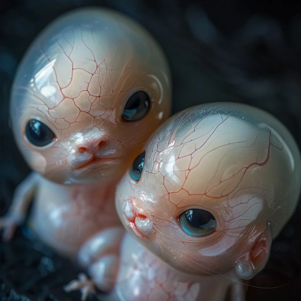 Two small, translucent figures with large, dark eyes and delicate features are shown in close-up. Their skin is translucent, revealing a network of veins beneath. The figures appear to be embracing, their heads tilted towards each other. The background is out of focus, emphasizing the figures.  The image evokes a sense of fragility and vulnerability, with a touch of the uncanny.