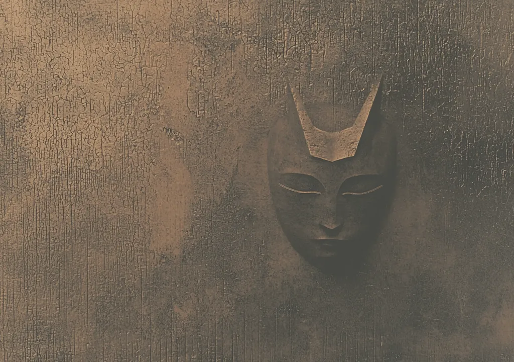 A close-up of a dark, textured wall with a 3D, metallic-looking mask embedded in it. The mask is of a human face with pointed ears and closed eyes. The background is mostly out of focus, giving the image a dramatic feel. The texture of the wall and the mask are the main focal points.