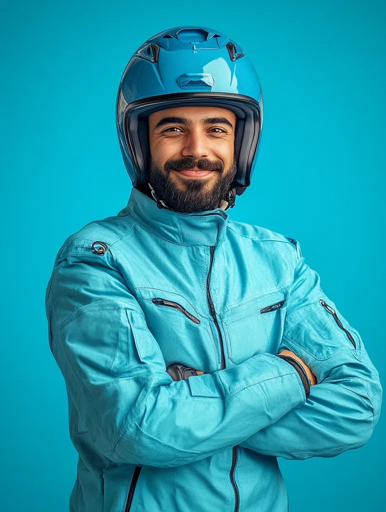 A man with a beard is wearing a blue motorcycle helmet and a blue jacket. He has his arms crossed and is smiling. The background is a solid blue.  The man is looking directly at the camera.