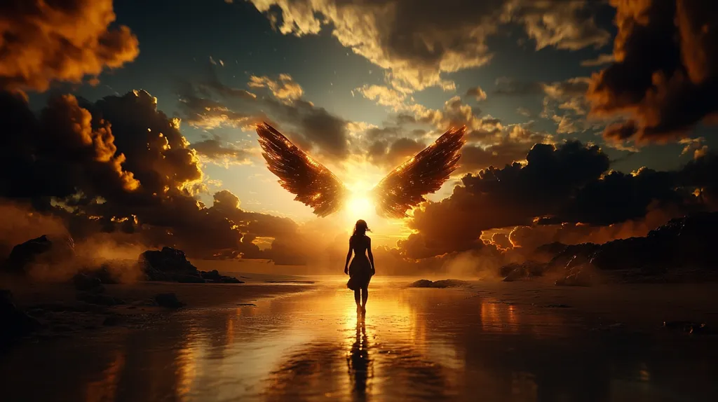 A woman stands on a beach with large, golden wings spread behind her. The sky is a canvas of dramatic clouds, lit by a warm sunset. The woman is silhouetted against the light, her form ethereal and powerful. The image evokes a sense of hope, freedom, and the pursuit of dreams.