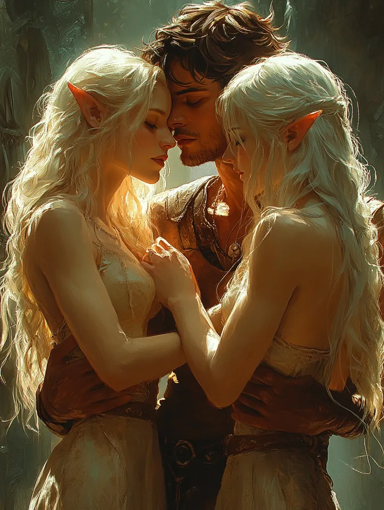 The image depicts a man with dark hair embracing two blonde women, all with pointed ears, suggesting they are elves. The women are dressed in simple white gowns, and the man wears a brown leather vest. Their eyes are closed as they stand close together, suggesting a sense of intimacy or a shared moment of peace. The soft lighting and the blurred background create a dreamy atmosphere.