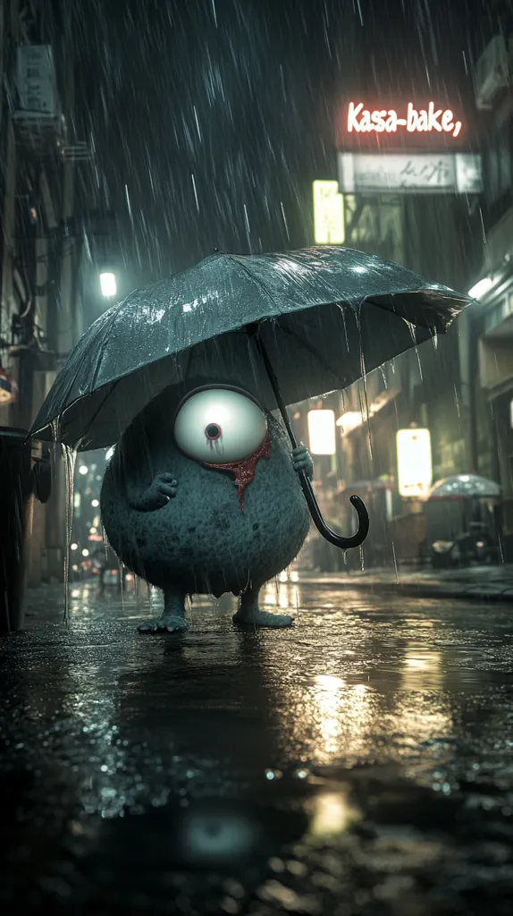 A large, grey, one-eyed monster with a bloody eye is standing in a rainy city street. It is holding a black umbrella above its head. The street is wet and reflecting the streetlights. In the background, a neon sign reads "Kasa-bake". The scene is dark and moody, with a sense of mystery and unease.