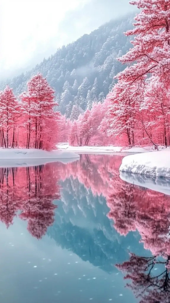 A serene winter scene with a calm, blue lake reflecting the beauty of a snow-covered mountain range.  A cluster of pink-hued trees stand in the foreground, their branches reaching towards the clear sky, creating a captivating contrast against the white snow. The image captures the tranquil beauty of nature in its winter slumber.