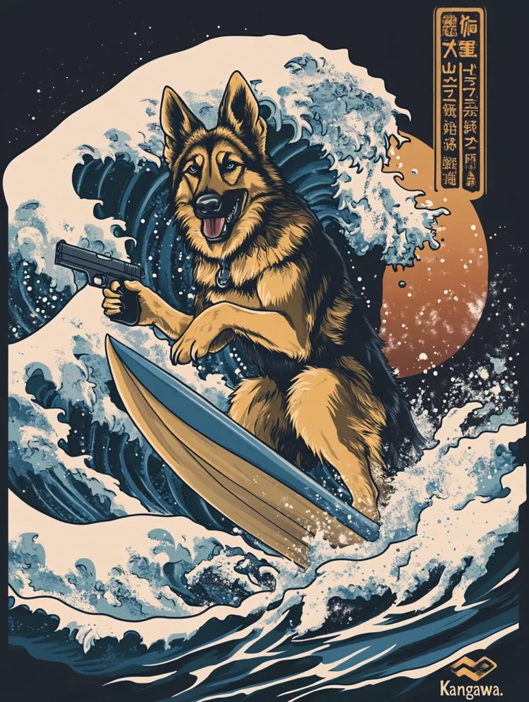 A German Shepherd dog is surfing on a large wave with a handgun in its mouth. The wave is stylized in a Japanese ukiyo-e style, with swirling blue water and white crests. The dog is wearing a collar with a tag and has a determined expression on its face. The background is a dark blue and black color, with Japanese characters and the word "Kangawa" in the lower right corner. The image has a humorous and slightly menacing tone.