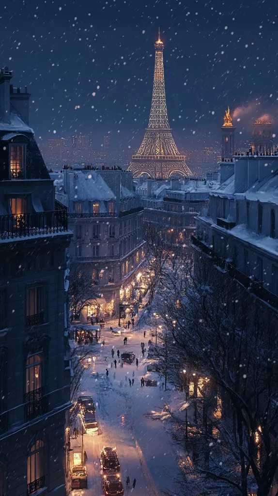 A snowy Parisian street scene with the Eiffel Tower in the distance. The street is lined with buildings, and there are trees and lights scattered throughout. The snow is falling softly, and the street is illuminated by streetlights. The scene is quiet and peaceful, creating a romantic and magical atmosphere.