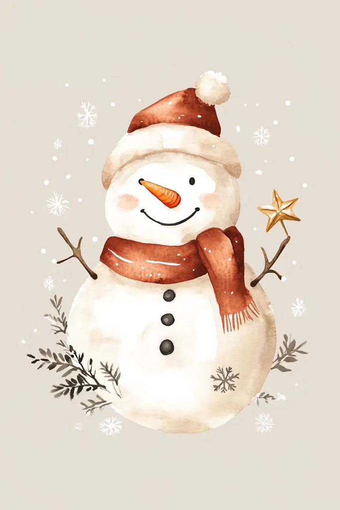 A cheerful snowman, adorned with a red Santa hat and a brown scarf, stands in a snowy winter scene. It has a carrot nose, a smiling mouth, and three black buttons. A golden star sits on a twig beside the snowman.  Delicate watercolor brushstrokes give the image a soft, whimsical feel.