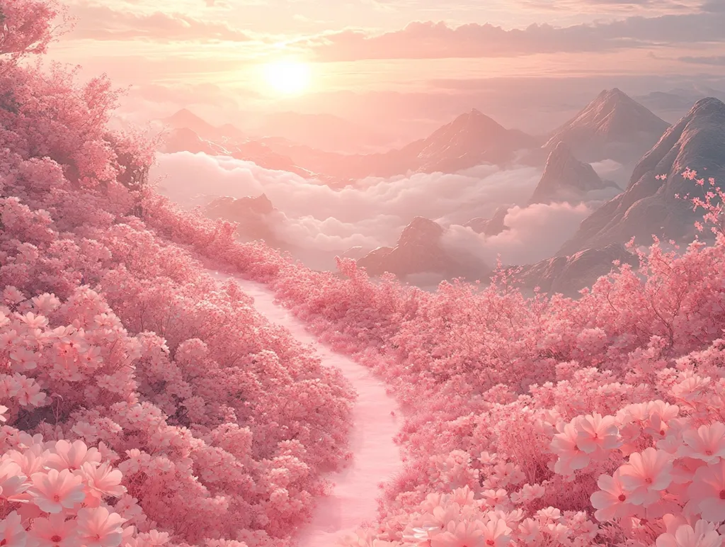 A winding path leads through a mountain valley, adorned with a sea of delicate pink flowers. The sun peeks through the clouds, casting a warm glow over the landscape. The distant mountains are shrouded in a soft mist, adding a touch of mystery to the scene. The overall feeling is serene and tranquil, like a dreamlike escape into nature's embrace.