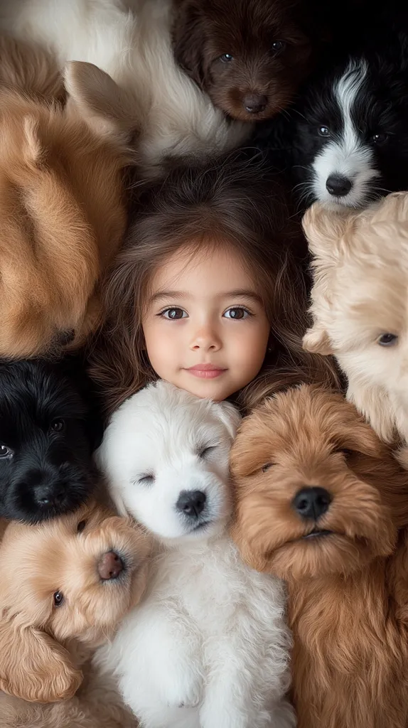A young girl with long brown hair is surrounded by a group of puppies of various breeds. She is looking directly at the camera with a gentle smile. The puppies are all cuddled up around her, some sleeping and others looking at the camera with curiosity. The image captures a heartwarming moment of love and companionship between a girl and her furry friends.