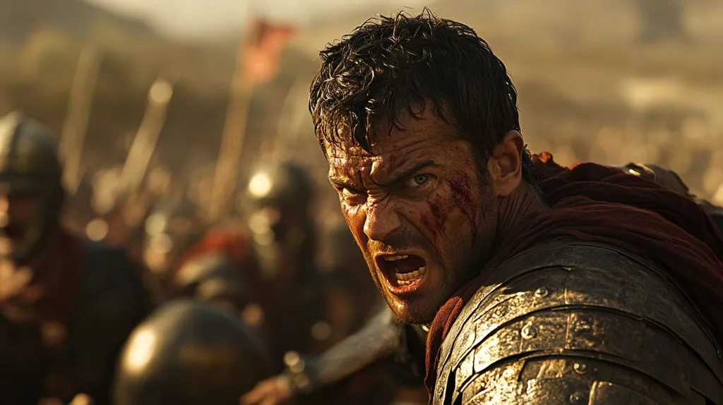 A close-up of a warrior, likely Roman, in a battle. His face is contorted in a fierce expression of anger and determination, his eyes narrowed and his mouth open in a yell. Blood streaks across his face, highlighting the intensity of the battle. The focus is on the warrior's face, with the background showing a blurred mass of warriors and weapons, suggesting the chaos and violence of the scene.  The warrior's armor and the red cloak further enhance his imposing presence and reinforce the image of battle.  The image captures the raw emotions and ferocity of combat.  The lighting is dramatic, highlighting the warrior's features and creating a sense of urgency and tension.