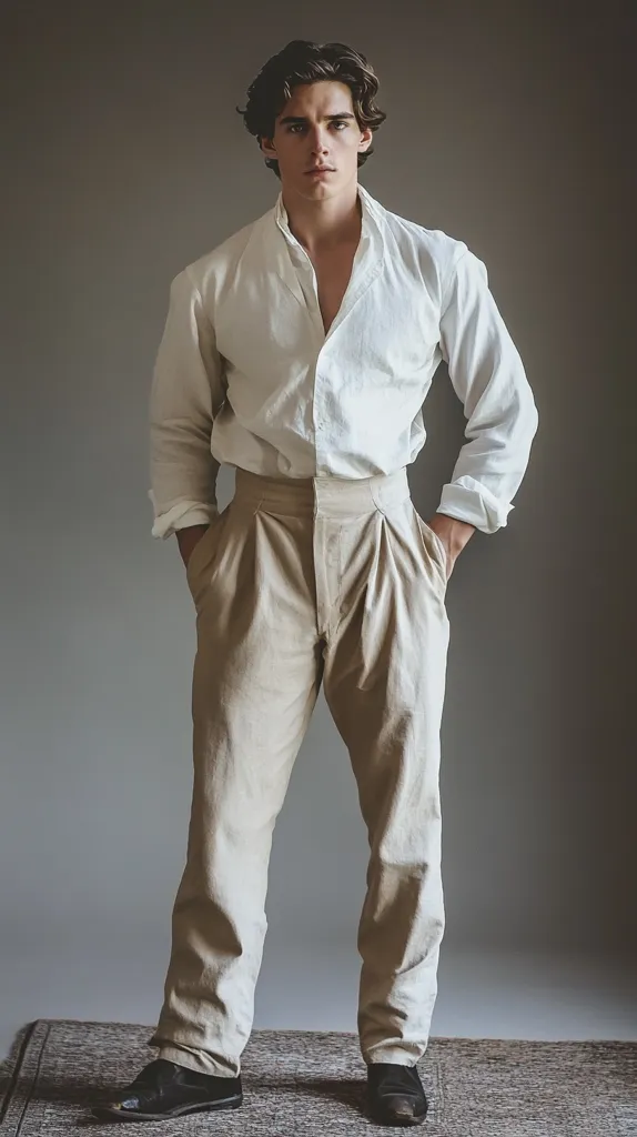 A young man with dark hair and a serious expression stands with his hands in his pockets. He is wearing a white button-down shirt with a slightly open collar and beige pleated pants. He is standing on a textured rug against a plain grey background. The image is taken from the waist up and focuses on the man's attire and expression.