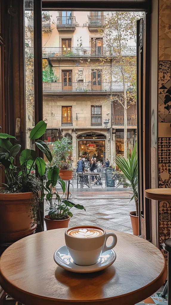A cup of coffee with latte art sits on a wooden table by a window. The window looks out onto a street lined with buildings. Green plants are in pots on the table and to the side of the frame. The buildings are old and have balconies. The street is paved and there are people walking around.  The scene is relaxed and inviting.  The coffee is steaming and the light is warm.