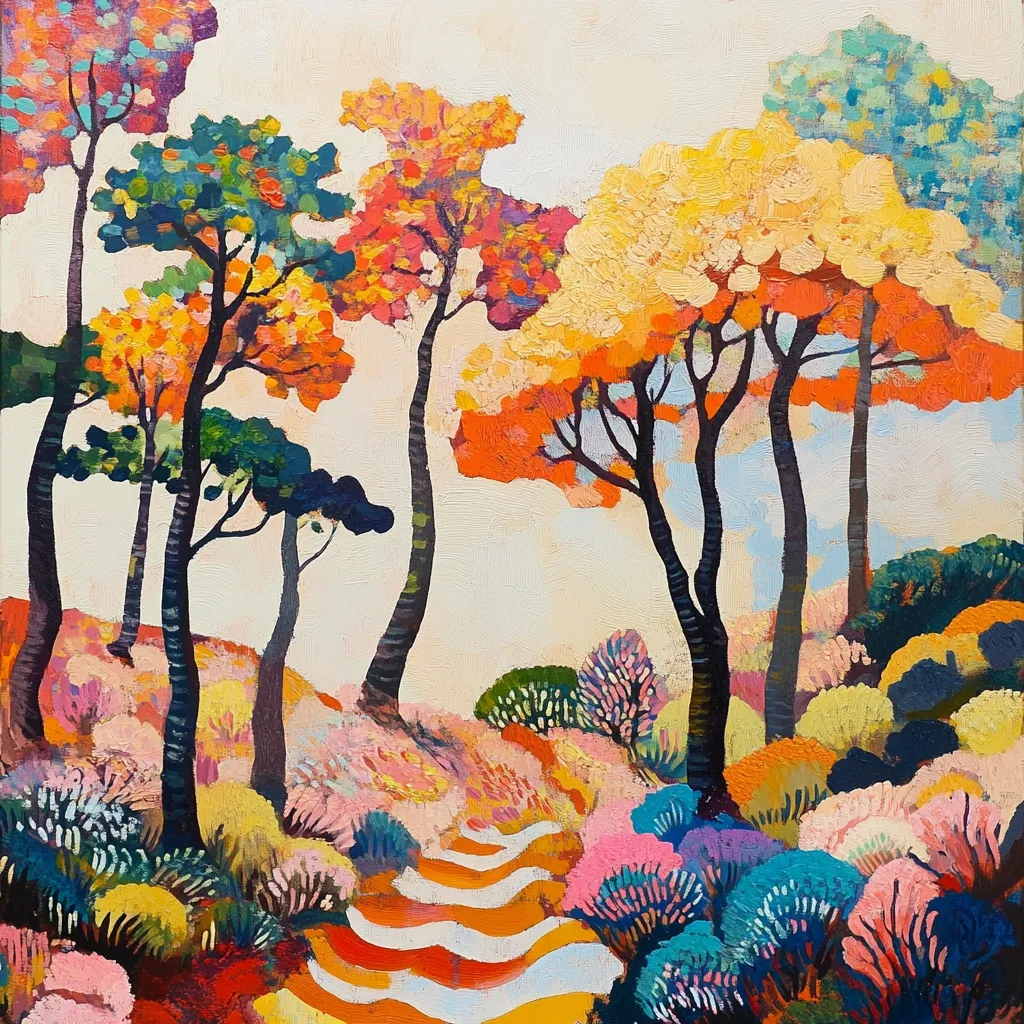 The painting features a whimsical forest scene with vibrant colors. Tall trees with twisting trunks and leafy canopies stand against a pale background, creating a sense of depth and movement. A winding path leads through the forest floor, which is covered in colorful flowers and foliage. The artwork evokes a sense of tranquility and wonder.  The use of bold strokes and a limited color palette gives the painting a distinctive and expressive style.