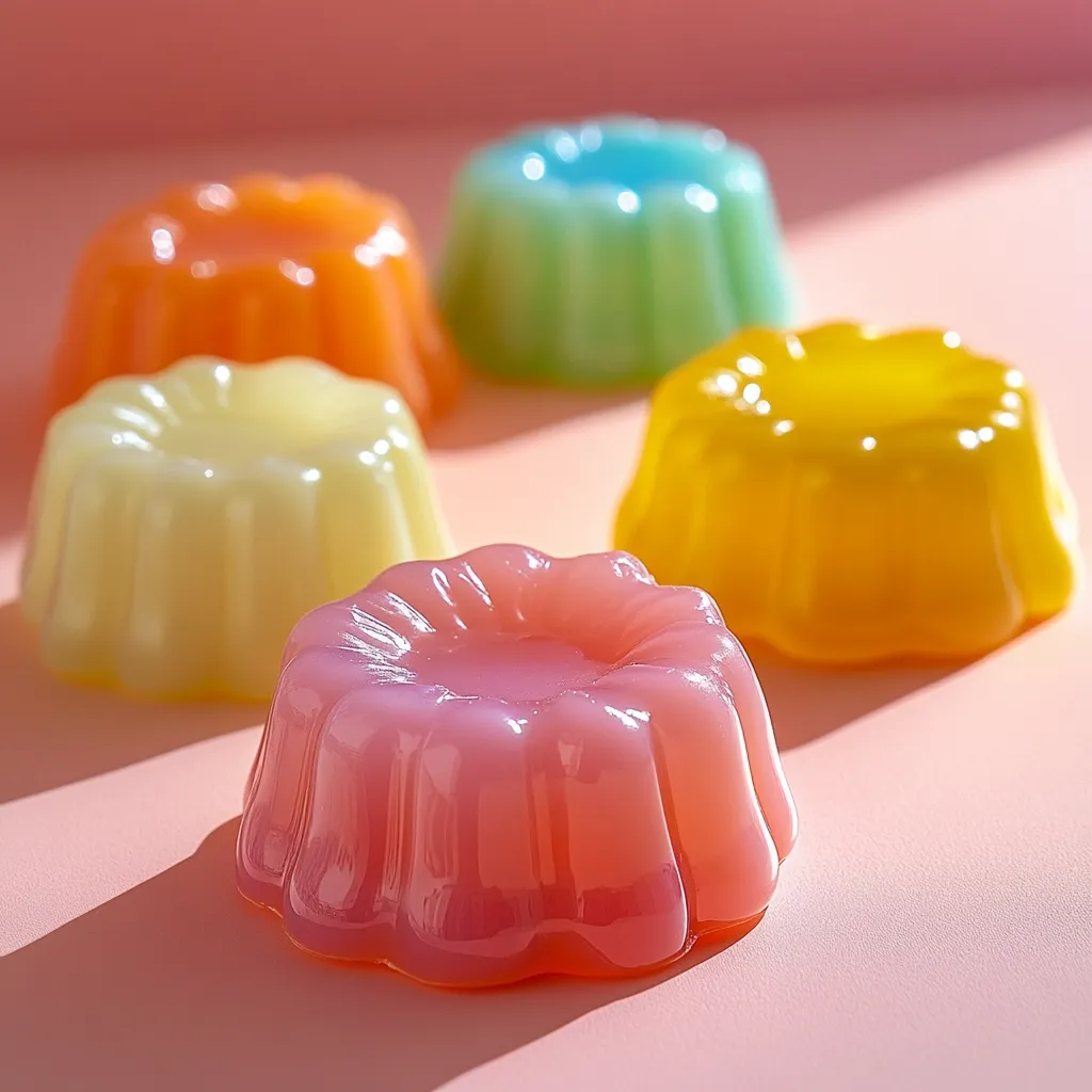 Five brightly colored jelly desserts sit on a light pink surface. The jellies are yellow, orange, green, and pink. They are all shaped like a flower with a small indentation in the center. The jellies are illuminated by a warm light, casting soft shadows on the surface.