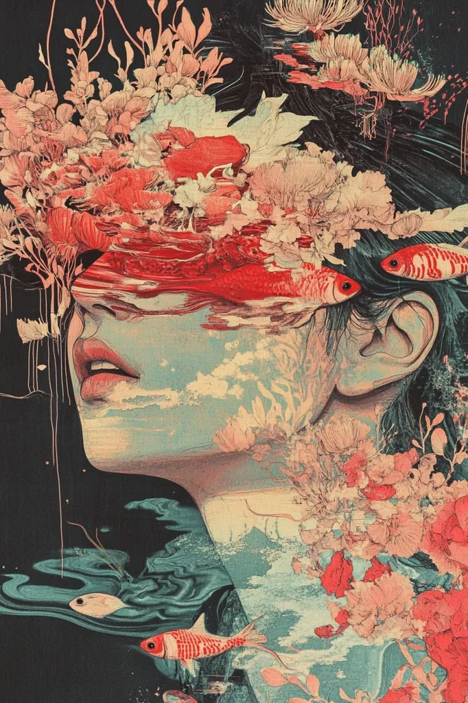 The image is a surreal and artistic portrait of a woman's face obscured by vibrant, coral-colored flowers. The flowers seem to grow from her head and cascade down her face, partially obscuring her features. The woman's skin has a pale, almost ethereal quality, and her eyes are closed, suggesting a state of tranquility or contemplation.  A few goldfish swim through the floral scene, adding a sense of movement and wonder to the image. The background is a dark, almost black, which contrasts with the bright colors of the flowers and the fish, highlighting their beauty and vibrancy. The overall effect is one of dreamlike beauty and mystery.