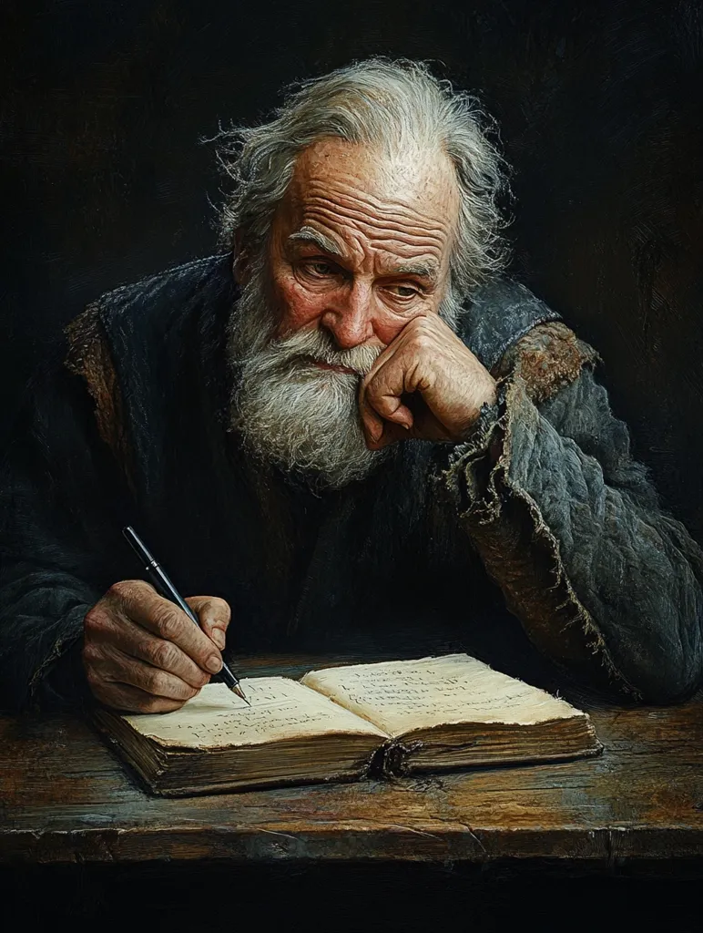 A weathered, elderly man with a long white beard sits at a wooden table, his right hand resting on his chin. He wears a dark tunic and holds a quill pen in his left hand, poised above an open book filled with handwritten notes. His expression is thoughtful and contemplative, suggesting deep concentration as he writes. The dimly lit scene creates a sense of solitude and contemplation.