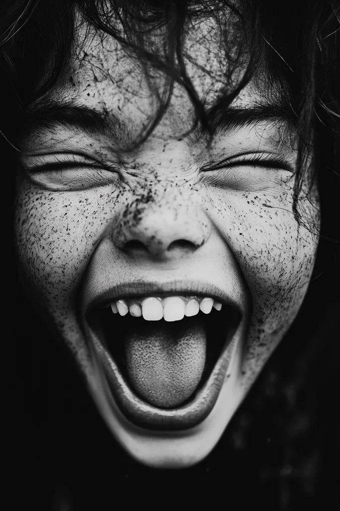 The black and white image shows a close-up of a young person's face. Their eyes are closed and mouth is wide open in a joyous scream, their tongue sticking out.  The subject's face is covered in freckles and dirt, adding to the sense of unrestrained joy.  The photo is a powerful expression of pure, unadulterated happiness.