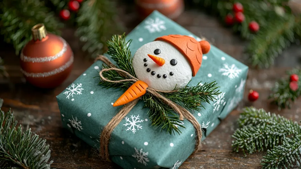 A festive Christmas gift wrapped in green paper with a white snowflake pattern. The gift is adorned with a snowman figurine wearing an orange hat, a carrot nose, and surrounded by pine sprigs. A brown ornament and other festive decorations are scattered around the gift on a wooden table. The image captures the spirit of Christmas joy and celebration.