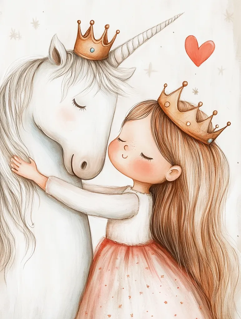 A young girl with long brown hair and a golden crown is hugging a white unicorn with a golden crown. The unicorn has its eyes closed, and the girl has a sweet smile on her face. A red heart floats above them, signifying their love. The drawing is done in a soft and whimsical style, with a gentle watercolor effect. The background is a pale white, with a few scattered stars.