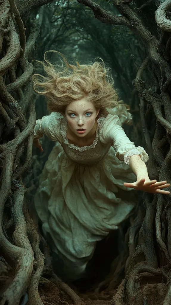 A young woman with long blonde hair, wearing a white dress with lace detail, reaches out from a dense forest of intertwined branches. Her blue eyes and light skin stand out against the dark, natural backdrop. The image evokes a sense of mystery and intrigue.  Her expression is a mix of fear and determination as she navigates the dense, tangled undergrowth. The light filtering through the leaves casts dramatic shadows, adding to the ethereal atmosphere.