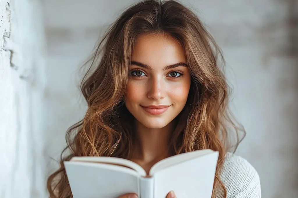 A young woman with long, wavy brown hair smiles softly as she holds an open book in front of her. Her eyes are bright and focused, and she appears to be engrossed in her reading. The background is a blurry white wall, which helps to emphasize the subject of the image. The woman's casual clothing and relaxed pose create a sense of comfort and intimacy.
