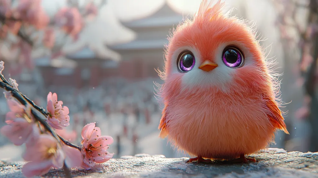 A fluffy pink bird with big purple eyes sits on a ledge in front of a blurry background of pink cherry blossoms and a building. The bird is looking directly at the viewer, its soft feathers and adorable expression create a sense of innocence and wonder. The image evokes feelings of warmth, joy, and spring.