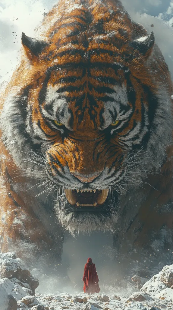 A gigantic tiger with a ferocious expression looms over a small, cloaked figure in a snowy landscape. The tiger's orange and black stripes are visible, and its sharp teeth are bared in a menacing snarl. The figure stands alone, facing the tiger, dwarfed by its size and power. The scene suggests a confrontation, possibly a challenge or even a threat. The snow and the cloudy sky create a somber and somewhat ominous atmosphere.
